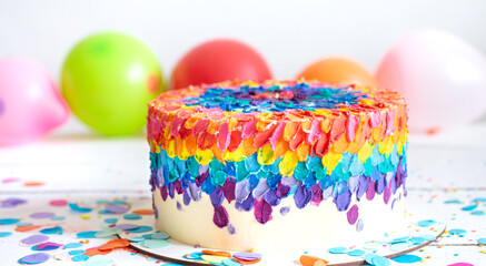 Handmade colorful cake decorated with cream for a children's birthday.
