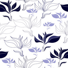 Seamless pattern with blue flowers on a white background. Hand drawn floral texture.