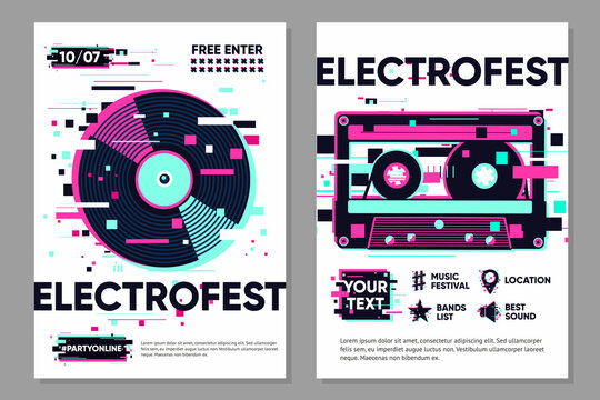 Posters set with vinyl record and audio cassette Music vector banner. Party background, electronic style. Glitch trendy illustration. Dance festival banner template.