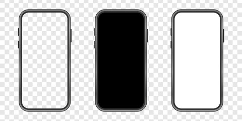 Realistic smartphone mockup. Modern mobile phone template isolated on transparent background. Vector set