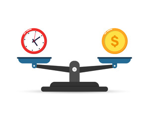Time and money balance. Clock and dollar coin on a scales. Time management concept. Vector isolated on white