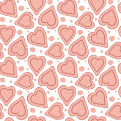 Beautiful pink hearts and circles isolated on white background. Cute festive seamless pattern. Valentine's Day. Vector flat graphic hand drawn illustration. Texture.