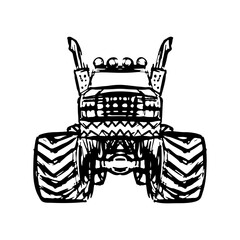 Monster truck icon. Front view. Ink outline sketch drawing. Vector flat graphic hand drawn illustration. The isolated object on a white background. Isolate.