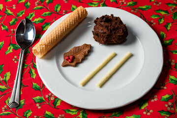 A decorated chocolate mousse Dutch translation: Hiemelse Modder with grandmother`s receipe. A typical dessert in Maastricht during the Christmas holidays.