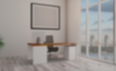 Open space office interior with like conference room. Mockup. 3D rendering.. Empty paintings. Abstract blur phototography