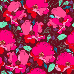 Floral seamless pattern. Vector background with flowers. Hand drawn artwork for textiles, fabrics, souvenirs, packaging and greeting cards.