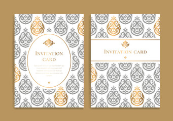 Fototapeta na wymiar Grey and gold vintage greeting card design. Luxury vector ornament template. Great for invitation, flyer, menu, brochure, postcard, background, wallpaper, decoration, packaging or any desired idea.