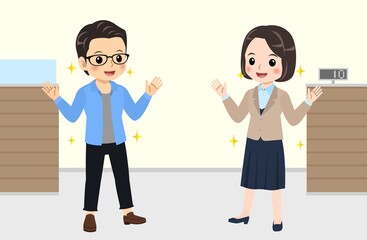 Bank clerk and young man at bank conversation