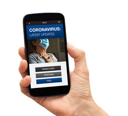 Hand holding a black smart phone with coronavirus latest news concept on screen. Isolated on white background. 