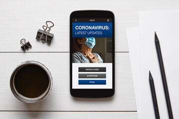 Coronavirus latest news concept on smart phone screen with office objects on white wooden table. Top view
