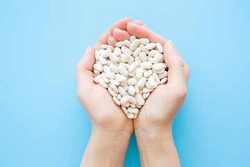 Obraz premium White beans in young adult woman hands on light blue table background. Pastel color. Closeup. Point of view shot. Top down view.