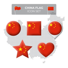 China flag icons set in the shape of square, heart, circle, stars and pointer, map marker. Mosaic map of china. Chinese flag. Vector symbol, icon, button