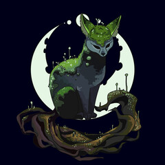 Fototapeta premium Mushroom cat. A kind cat overgrown with mushrooms.