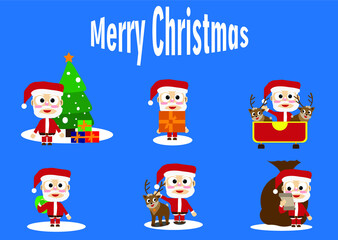 Set of cartoon Christmas illustrations isolated on white. Funny happy Santa Claus character with gift, bag with presents, waving and greeting. For Christmas cards, banners, tags and labels.