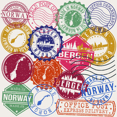 Bergen Sweden Set of Stamps. Travel Stamp. Made In Product. Design Seals Old Style Insignia.