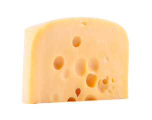 Piece of cheese with large holes in yellow color on white isolated background