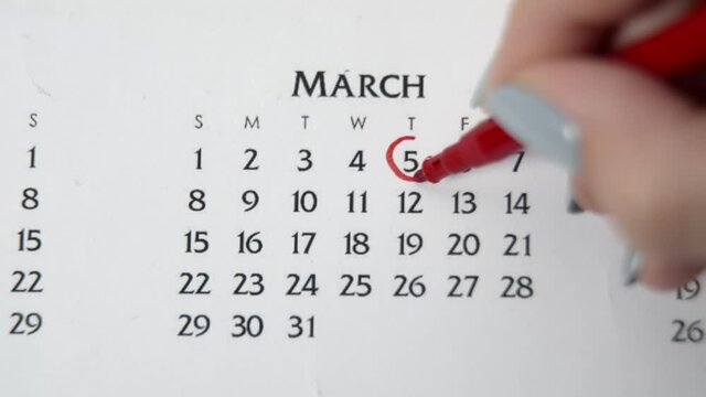Female hand circle day in calendar date with a red marker. Business Basics Wall Calendar Planner and Organizer. MARCH 5th
