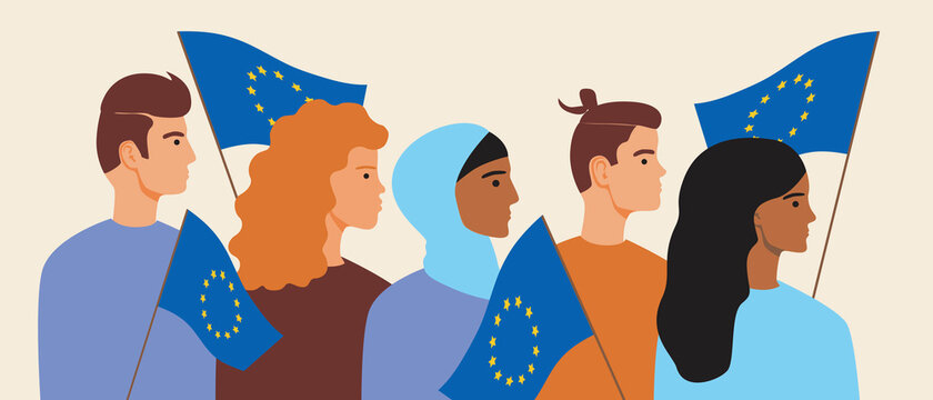 Europeans people with european union flag as banner, flat vector stock illustration with EU men, women, islamic migrants as a concept of protests, voting