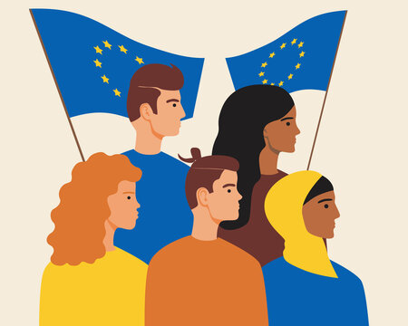 Europeans people with european union flag as concept of patriotism, protests, voting, flat vector stock illustration with EU men, women, islamic migrants - Powered by Adobe
