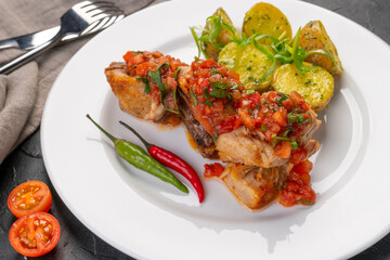 stewed pieces of meat with spices. With baked new potatoes and tomato salsa sauce on a white platter and dark background. Dish for the restaurant menu