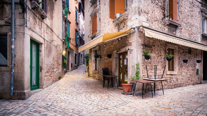 Fototapeta na wymiar Rovinj in Croatia old town with cobble streets