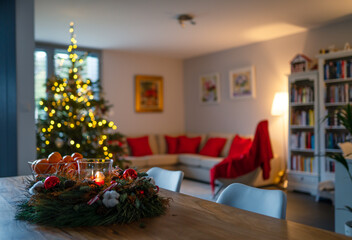 Cozy Christmas holidays home interior. Lit candle inside decorated wreath and clementines on table and sofa with red pillows and christmas tree at background.