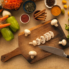 Sliced mushrooms on a wooden table with vegetables for cooking. A healthy meal for vegetarians.