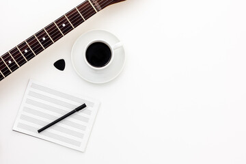 Fototapeta premium Musician work set with guitar, note and headphones