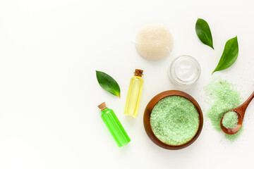 Fototapeta na wymiar Organic spa cosmetics with tea tree oil and sea salt