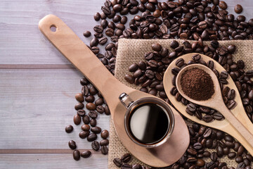 americano coffee and coffee beans 