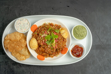 Traditional Indian Biryani Meal Served with Side Dishes and Boiled Eggs on a White Plate