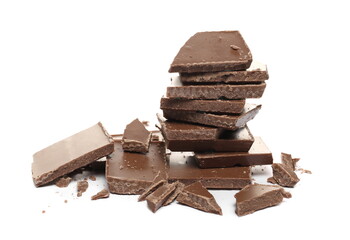Chocolate bar pieces pile, broken chunks stack isolated on white background