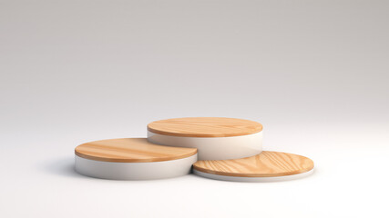 Various heights of a minimalist wooden podiums on a neutral background for product presentation scene. Display platform in 3D rendering
