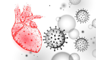 Heart disease associated with coronavirus stats. Infection pneumonia hazard outbreak. 3D point low poly. Heart break vascular blood system. Against virus epidemic vector illustration