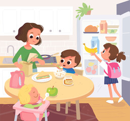 Family having breakfast in the kitchen. Mother feeding kids. Vector portrait of whole family, all members gather together at home in the kitchen in house interior. Refrigerator, fridge with food.