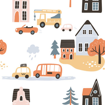 Cartoon childish town city print.Vector childish doodle style seamless picture pattern with city town symbols,cars,houses,buildings,trees,streets.City easy simple building drawing map, infrasturcture.