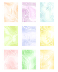 Abstract Cards with Foliage Shapes and Fluid Backdrop Vector Set