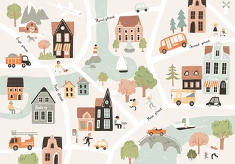 Deurstickers Babykamer Cartoon kinderachtig stad stad afdrukken. Vector kinderachtig doodle stijl naadloze afbeeldingspatroon met stad stad symbolen, auto& 39 s, huizen, gebouwen, bomen, straten. Stad eenvoudig eenvoudig gebouw tekening kaart, infrasturcture.