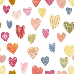 seamless background with hearts, multicolored spots on white, holiday card, texture hearts, gift for Valentine's day, cute wallpaper
