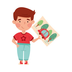 Cheerful Boy Artist Showing Paper with Car Drawing Vector Illustration
