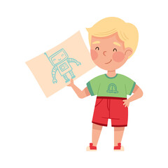 Cute Boy Artist Showing Paper with Robot Drawing Vector Illustration