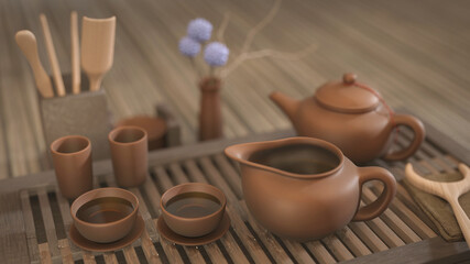 Set of dishes on the table for chinese tea ceremony
