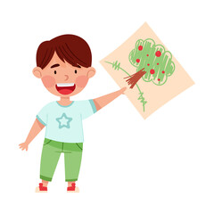 Cute Boy Artist Showing Paper with Tree Drawing Vector Illustration