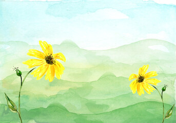 Obraz na płótnie Canvas Watercolor floral illustration. Yellow flower on a background of a mountain, a hill. wild grass, flowers, plants. Rural landscape with grass. Sunflower flower. Country summer landscape. Sunflower seed