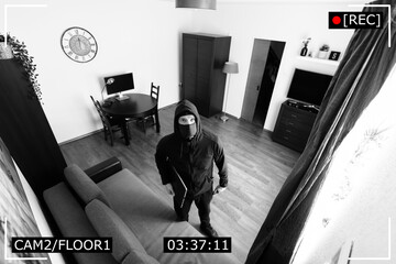 house robbery - burglar captured on surveillance security camera in living room - obrazy, fototapety, plakaty