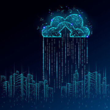 Smart City 3D Light Cloud Computing Cityscape. Intelligent Building Big Data Exchange Storage Online Futuristic Business Concept Future Technology. Urban Banner Vector Illustration