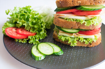 Delicious sandwich with ham, tomato, cucumber, cheese and mint.