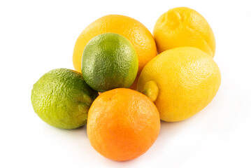 fruits kind of citrus isolated on white background. Lime, lemon, orange.