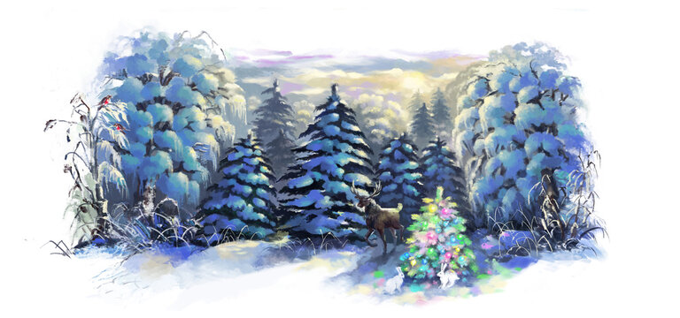 Winter landscape. Winter night forest, animals and a Christmas tree decorated with colored garlands. Digital illustration.
