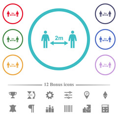 Social distancing 2 meters flat color icons in circle shape outlines